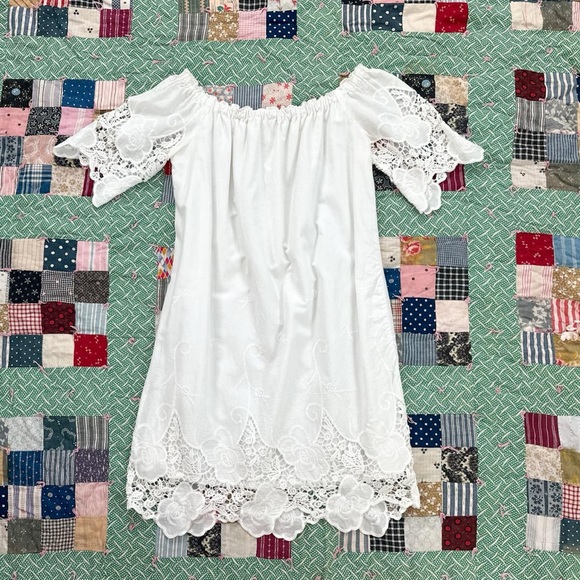 Barneys Off The Shoulder White 100% Cotton Lace Milkmaid Mini Shift Dress small - Picture 7 of 8